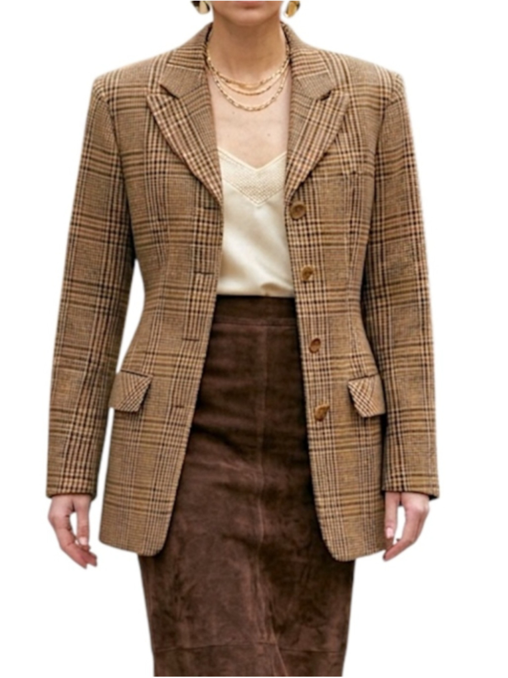 VTG 90s silk wool old money tan brown black plaid longline hourglass blazer 4